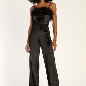 Lulu's Black Feather Trim Jumpsuit